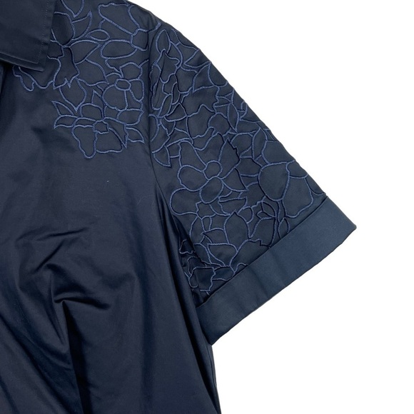 BADGLEY MISCHKA NAVY SATEEN FLORAL EMBROIDERED SHIRT COLLAR FITTED SHEATH DRESS - Picture 10 of 14